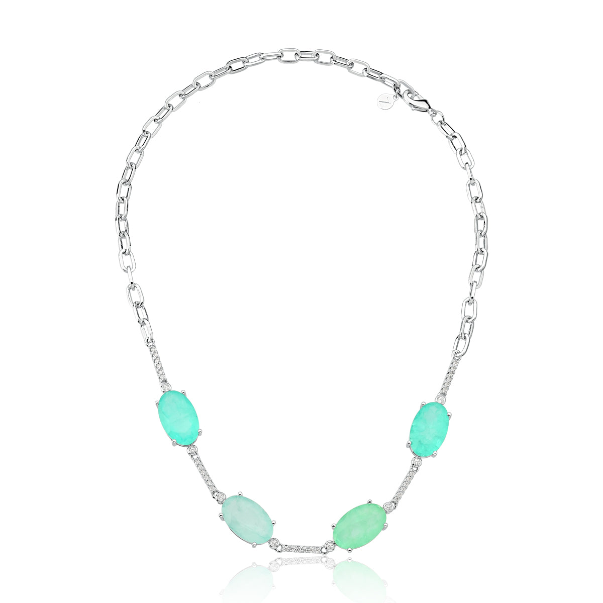 Colar choker 4 ovais tons fusion esmeralda colombiana ródio branco