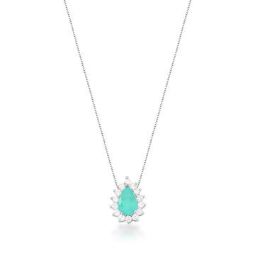 Colar gota com zircônia esmeralda colombiana entorno cravejado com banho de ródio branco