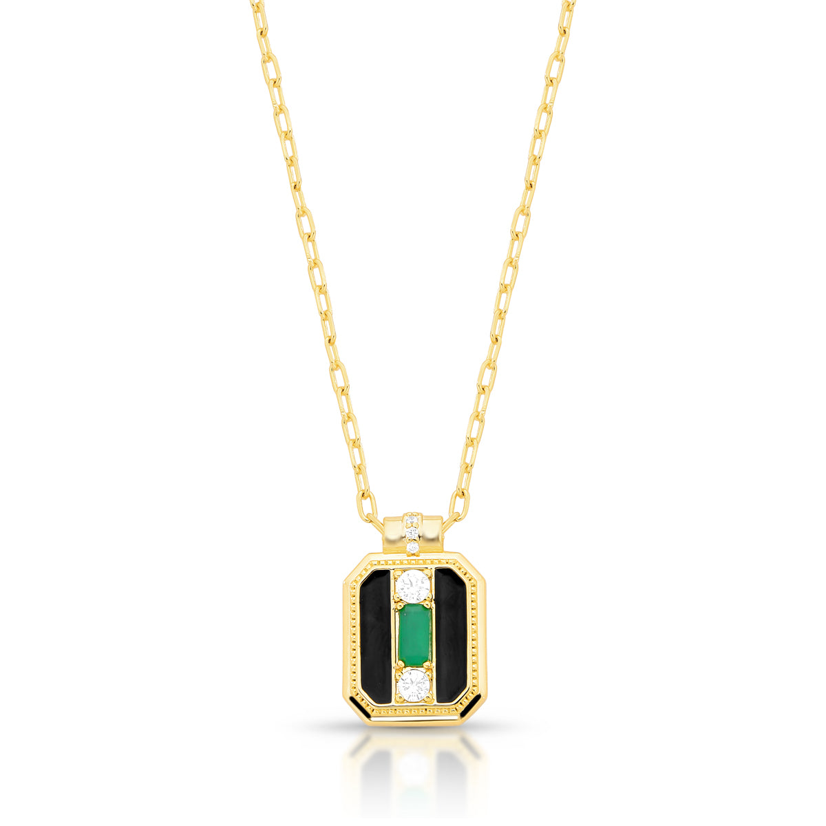Colar retangular resina preta e zircônia esmeralda com banho de ouro18k
