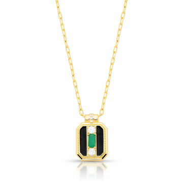 Colar retangular resina preta e zircônia esmeralda com banho de ouro18k