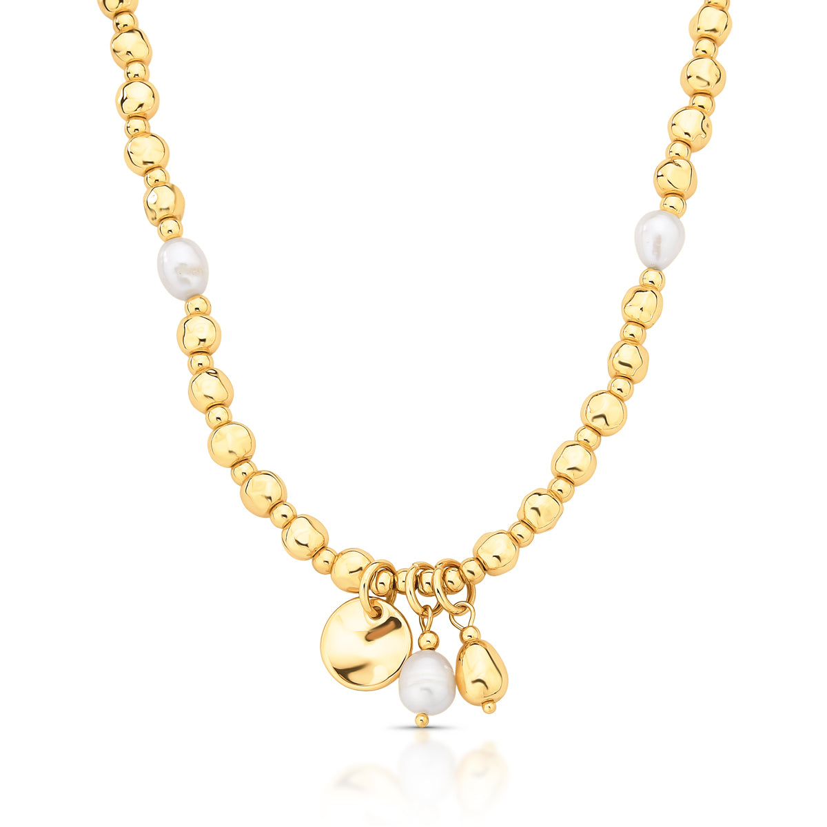 Colar pérola de água doce e ovais lisos com medalha e banho de ouro 18k