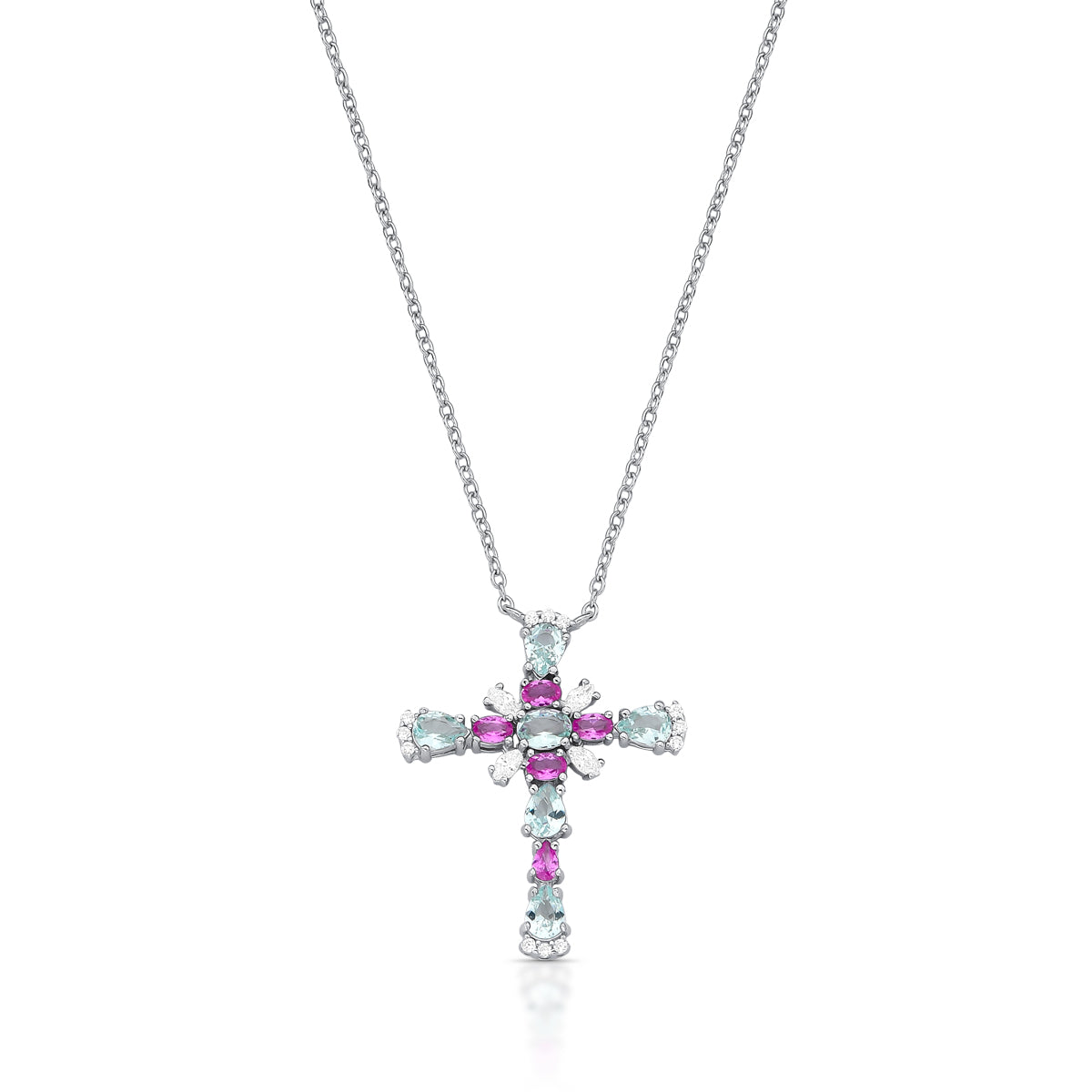Colar prata 925 crucifixo topázio e rosa