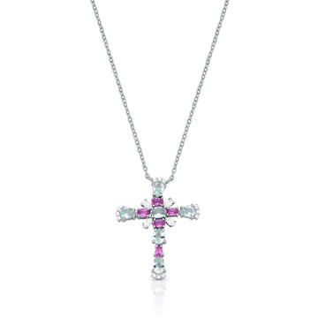 Colar prata 925 crucifixo topázio e rosa