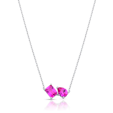 Colar retângulo e gota com zircônia na cor turmalina rosa com banho de ródio branco