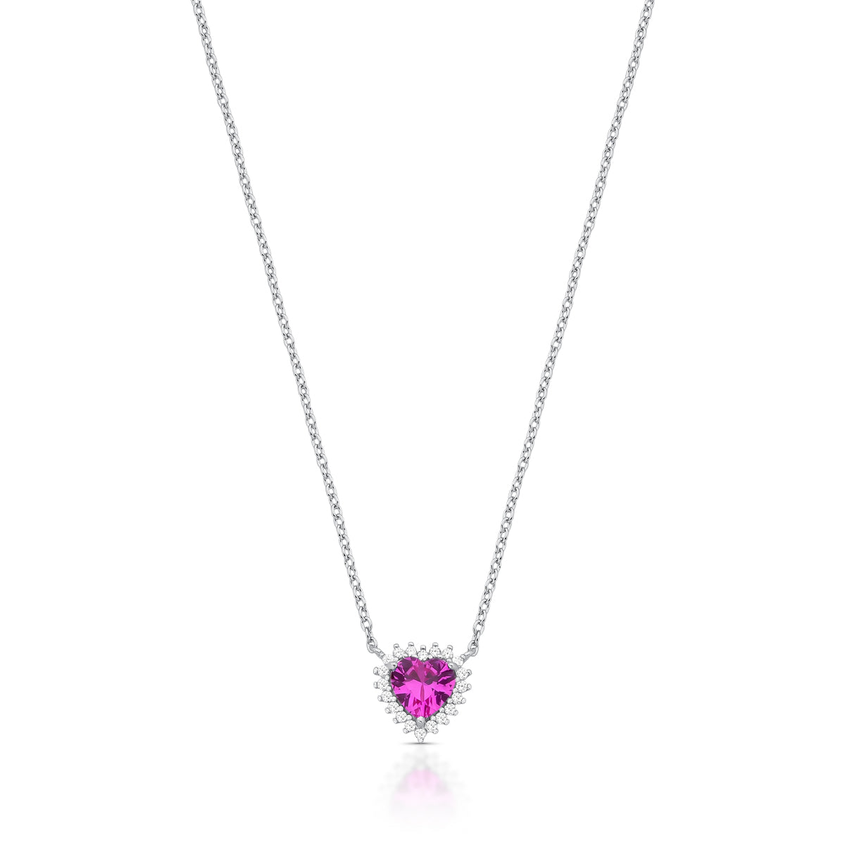 Colar prata 925 coração turmalina rosa entorno cravejado