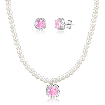 Conjunto pérola com pingente quadrado rosa e banho de ródio branco