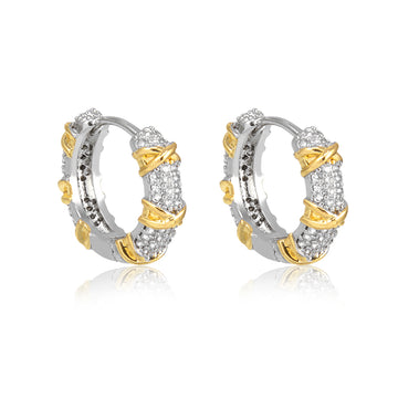 Brinco argola G cravejada com detalhe X dourado e banho de ródio branco