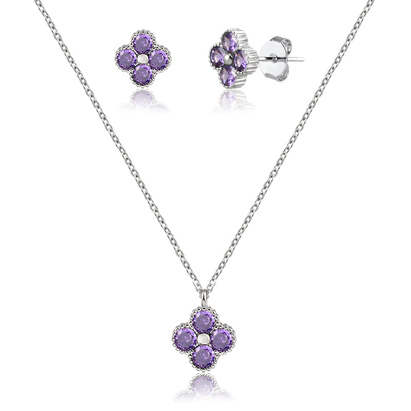 Conjunto trevo lavanda com banho de ródio branco
