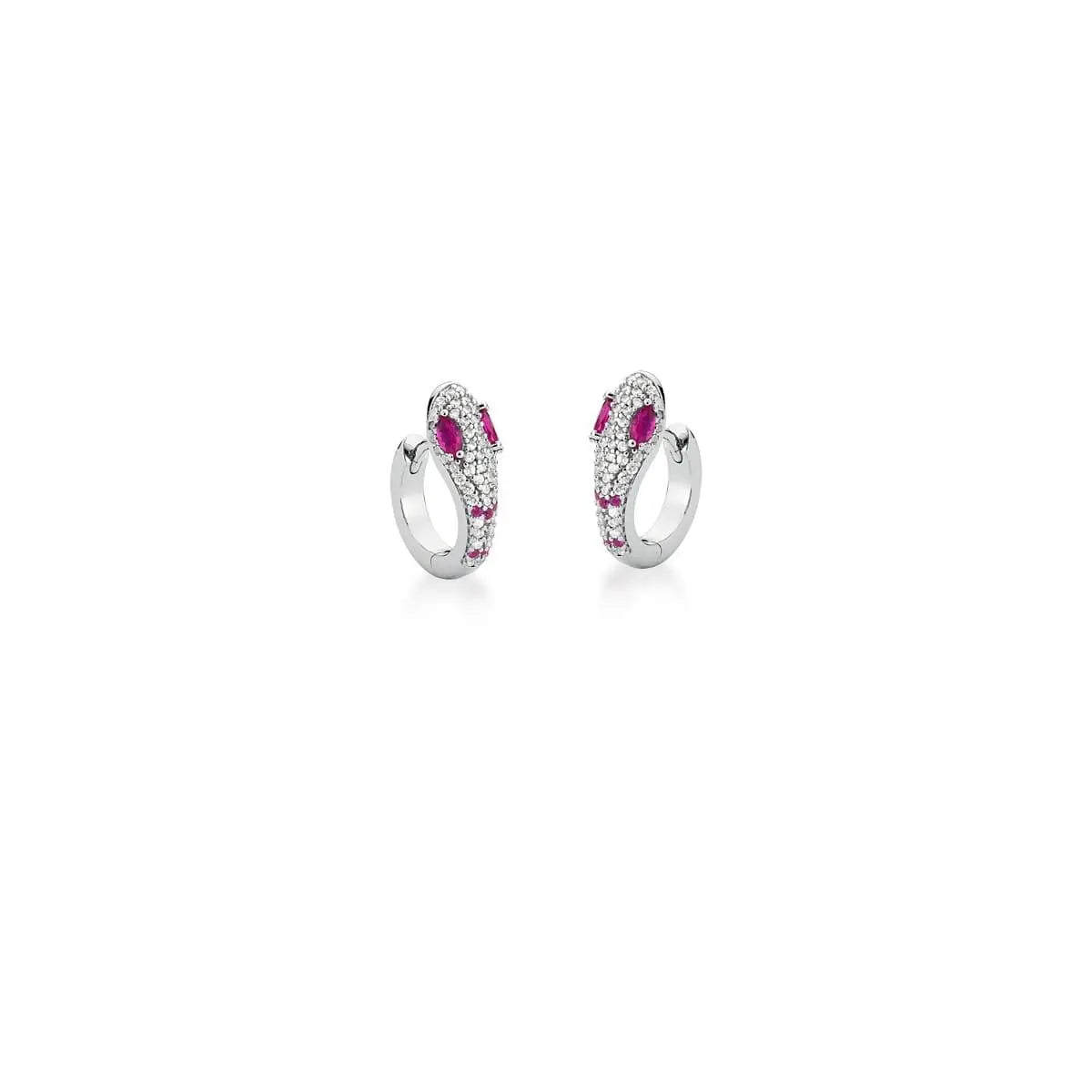 Brinco argola snake cravejada com detalhe pink e banho de ródio branco