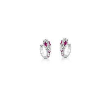 Brinco argola snake cravejada com detalhe pink e banho de ródio branco