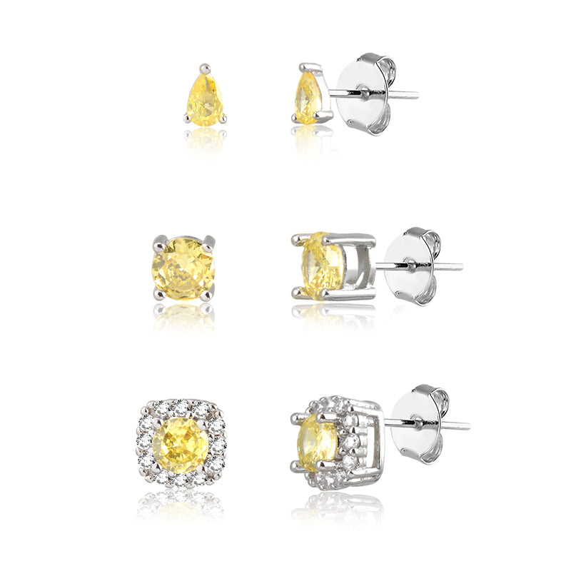 Brinco trio citrino com banho de ródio branco