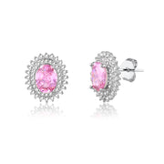 Brinco oval rosa cravação dupla com banho de ródio branco