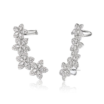 Brinco ear cuff flowers cristal com piercing com banho de ródio branco