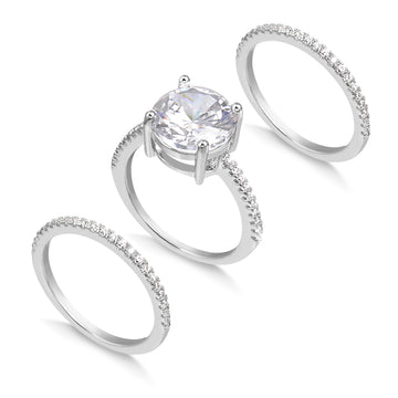 Anel triplo solitário com alianças e banho de ródio branco