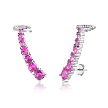 Brinco ear cuff ovais turmalina rosa com piercing com banho de ródio branco