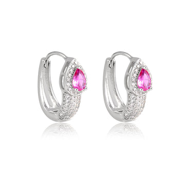 Brinco argola oval cravejada com gota rosa com banho de ródio branco