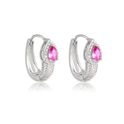 Brinco argola oval cravejada com gota rosa com banho de ródio branco