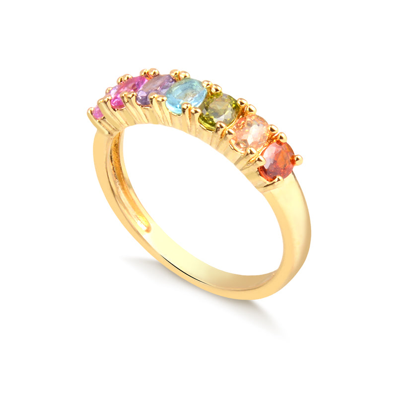 Anel meia aliança zirconias coloridas com banho de ouro 18k