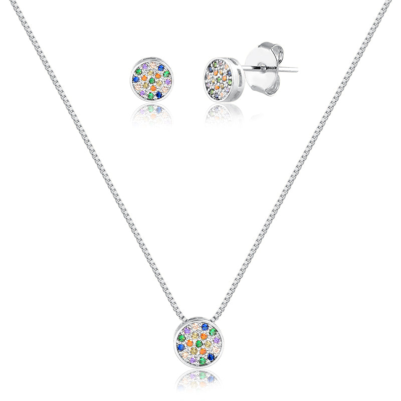 Conjunto oval cravação colorida com banho de ródio branco