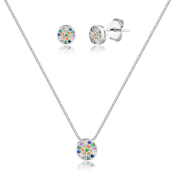 Conjunto oval cravação colorida com banho de ródio branco
