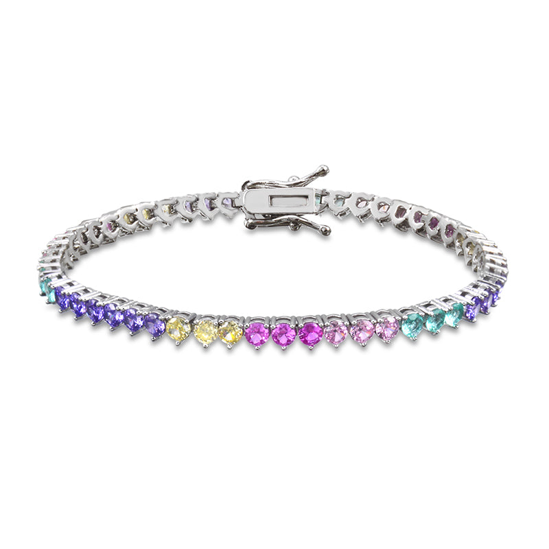 Pulseira riviera 3 garras com zircônia colorida com banho de ródio branco