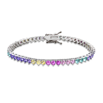 Pulseira riviera 3 garras com zircônia colorida com banho de ródio branco