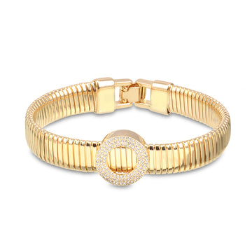 Pulseira trama luxo larga com oval cravejado com banho de ouro 18k