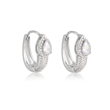 Brinco argola oval cravejado com gota cristal com banho de ródio branco