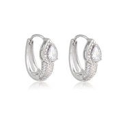 Brinco argola oval cravejado com gota cristal com banho de ródio branco