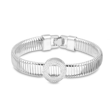 Pulseira trama luxo larga com oval cravejado com banho de ródio branco