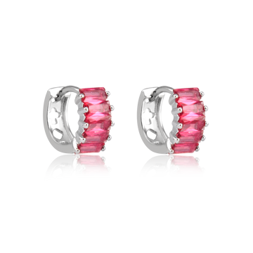Brinco argolinha com baguetes com zircônia rosa e banho de ródio branco