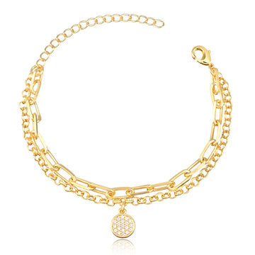 Pulseira dupla elos com pingente oval cravejado com banho de ouro 18k