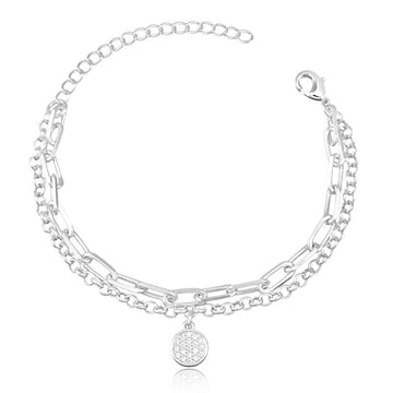 Pulseira dupla elos com pingente oval cravejado com banho de ródio branco