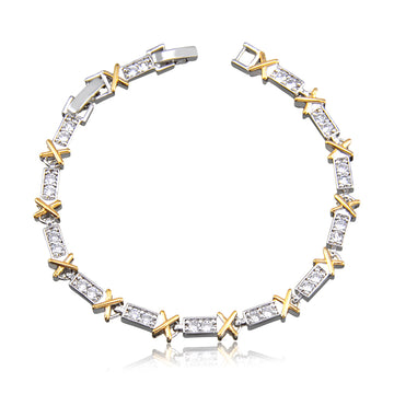 Pulseira riviera com detalhe em x dourado o banho de ródio branco