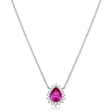 Colar gota turmalina rosa entorno cravejada com banho de ródio branco