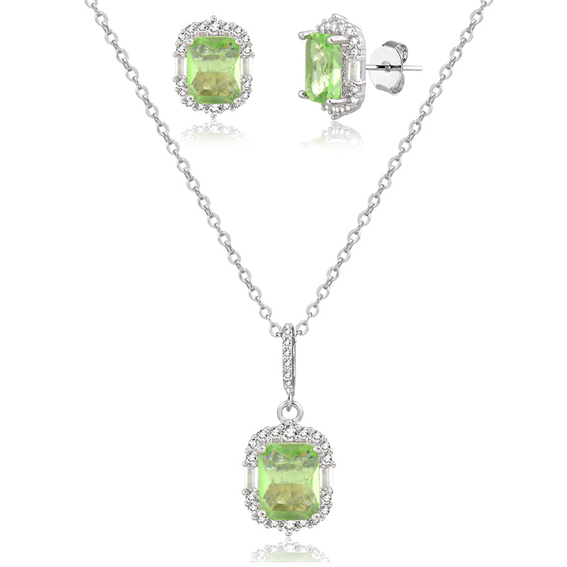 Conjunto retangular maça verde com entorno cravejado e banho de ródio branco