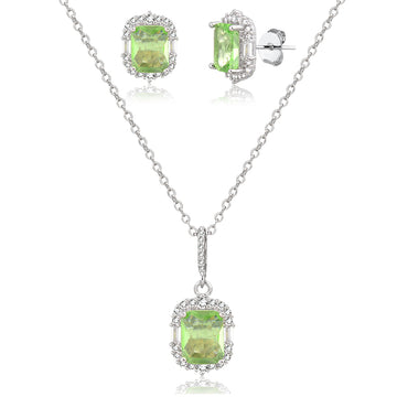 Conjunto retangular maça verde com entorno cravejado e banho de ródio branco