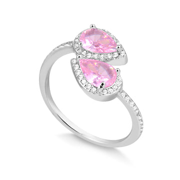 Anel gotas com zircônia rosa envolvente e banho de ródio branco