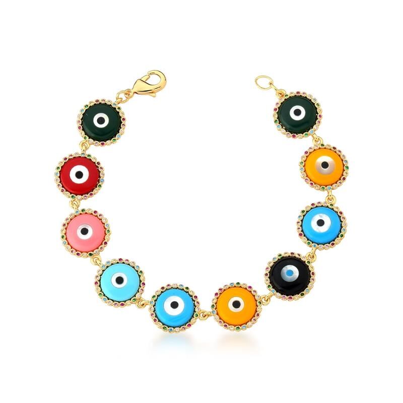 Pulseira dourada olhos gregos coloridos cravejados