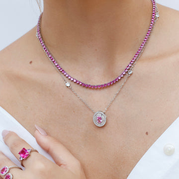 Colar Riviera 3 garras trama rígida com zircônia turmalina rosa com banho de ródio branco 40cm 3mm