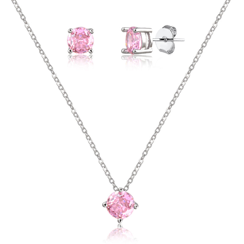 Conjunto oval rosa com banho de ródio branco