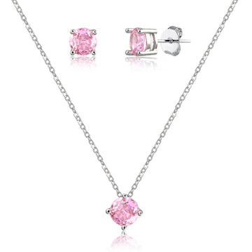 Conjunto oval rosa com banho de ródio branco