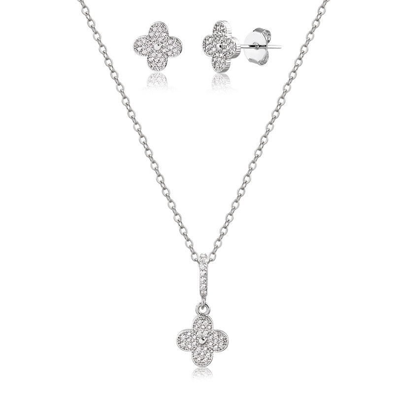 Conjunto trevo cravejado cristal com banho de ródio branco