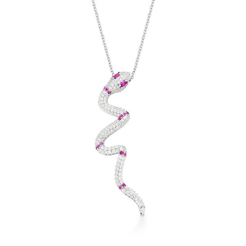 Colar snake cravejado com detalhe pink e banho ródio branco