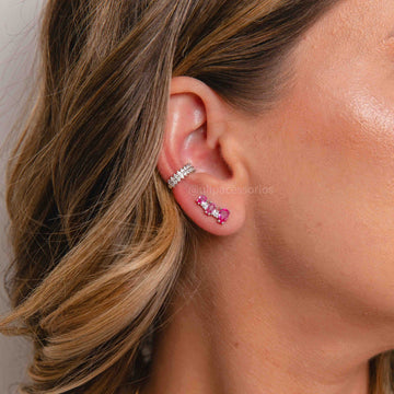 Brinco mini ear cuff 3 gotas turmalina rosa em ródio branco