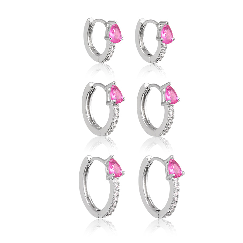 Trio de brincos argolinhas gota pink com banho de ródio branco
