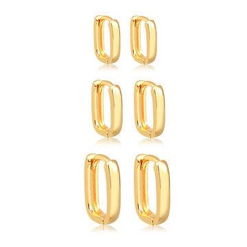 Brinco trio de argolinhas retangular slim lisas dourado