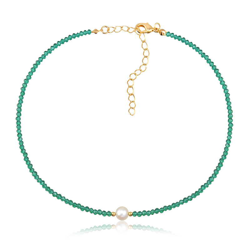 Colar choker cristais verde com pérola
