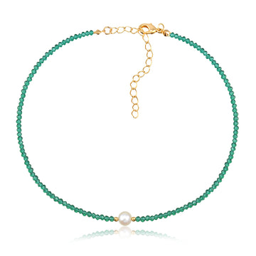Colar choker cristais verde com pérola