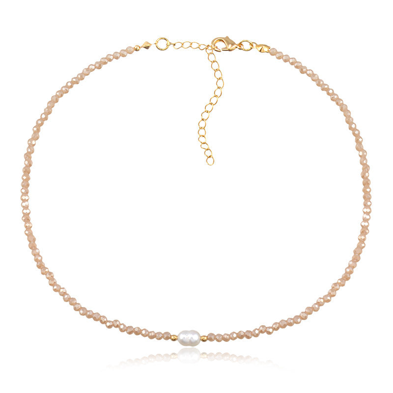 Colar choker cristais champagne com pérola com banho de ouro 18k